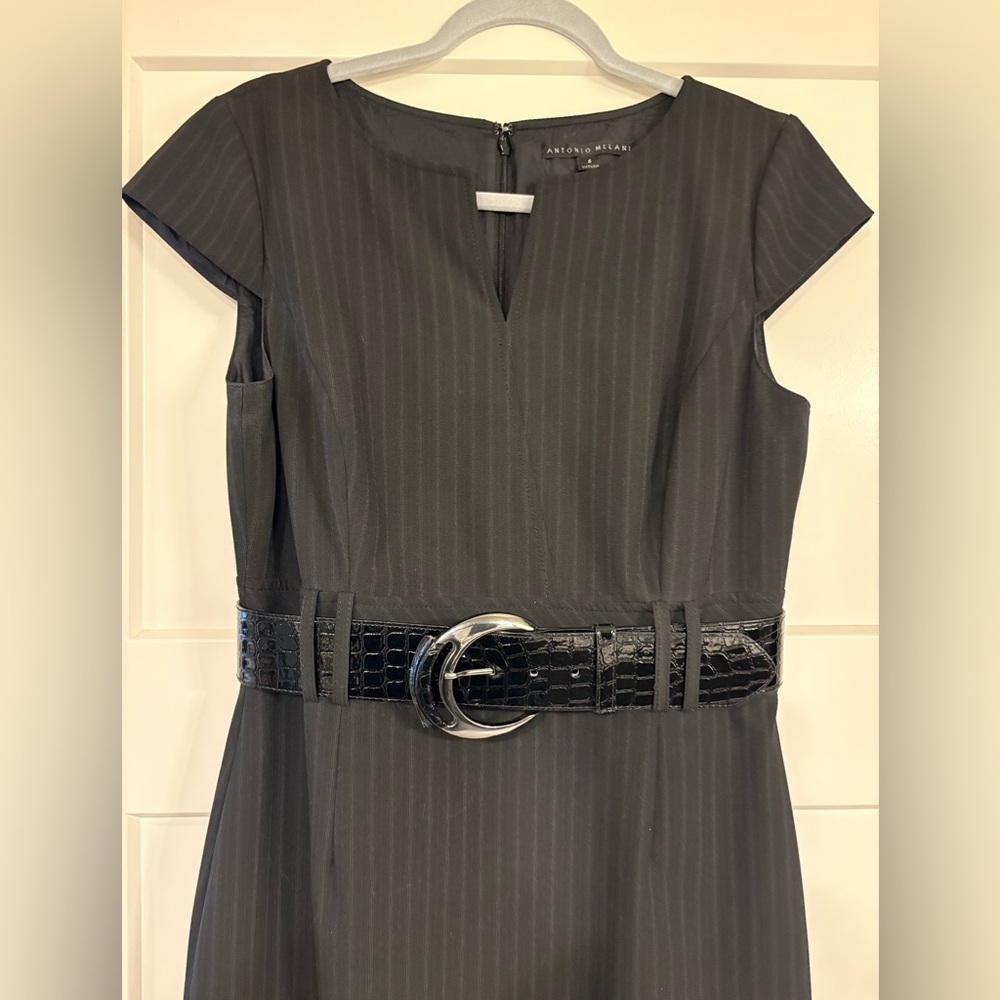 ANTONIO MELANI Black Pinstripe Midi Dress with Belt - Picture 2 of 10